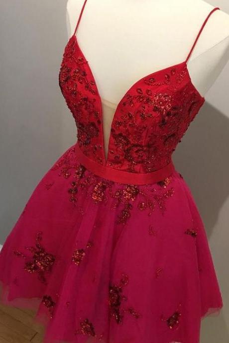 Spaghetti Straps Short Red Homecoming Dress Party Dress,v Neck Party Gowns