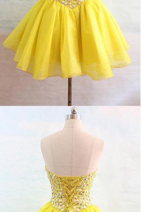 Organza Sweetheart Yellow Homecoming Dresses With Beading,corset Short Cocktail Dresses