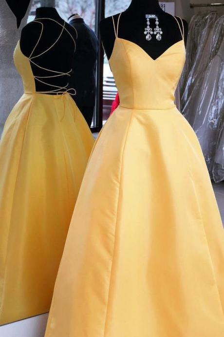 Sexy Backless Yellow A Line Prom Dress Long Evening Dress,Formal Women Dress