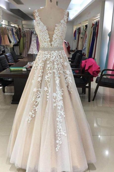 Elegant Lace A Line Prom Dresses Long,V Neck A Line Tulle Party Dress for Weddings