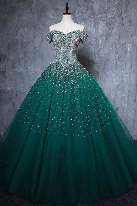 Elegant Off the Shoulder Crystal Beaded Dark green Quinceanera Dresses Prom Dress Ball Gown