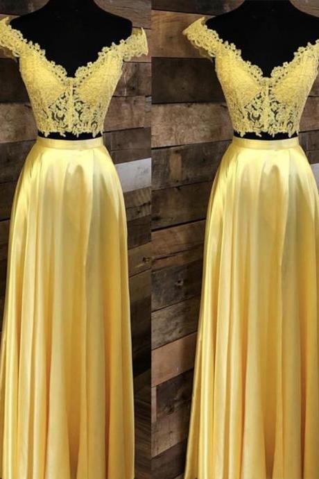 Yellow Crop Top Long Prom Dress Lace Off The Shoulder Gown For Grils,two Pieces Evening Party Gown