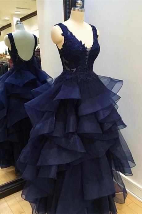 Navy Blue Sweet Sixteen Prom Dress Quinceanera Dresses,Tiered Tulle Prom Dress