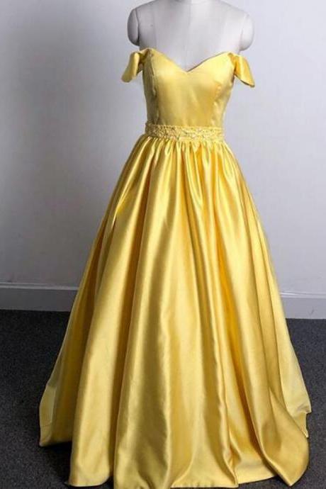 Yellow Girls Senior Prom Dresses Long 2019 Off Shoulder Evening Gown With Pocket,Graduation Dress