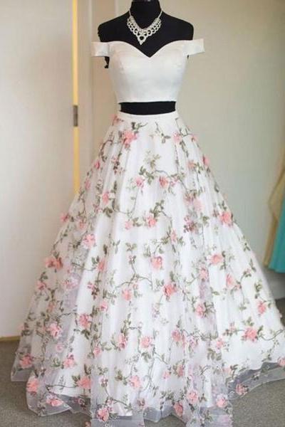 Elegant Two Pieces Long Prom Dress,off The Shoulder A-line Evening Dress