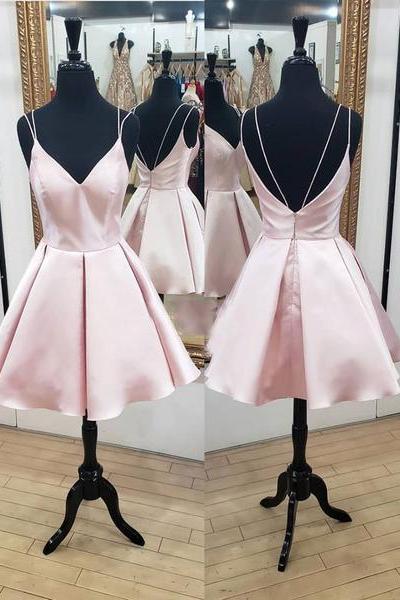 Light Pink V Neck Satin Short Prom Dress,backless Homecoming Dress,graduation Gown