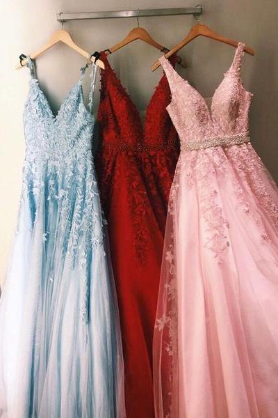 Stylish v neck tulle lace long prom dress, evening dress