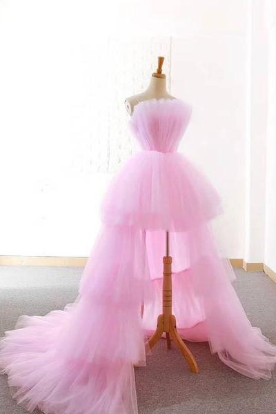 Pink tulle long prom dress,beautiful high low evening dress,custom formal dresses