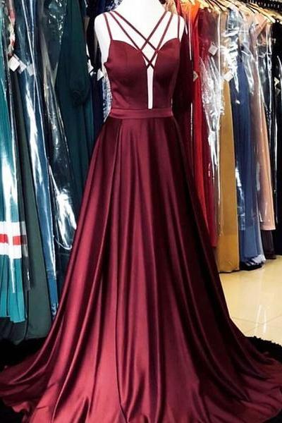 Sexy A Line Burgundy Satin Long Prom Evening Dresses,Backless Formal Gown