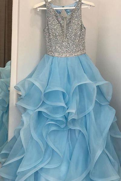 Bling A Line Round Neck Blue Long Prom Dresses with Beading Ruffles