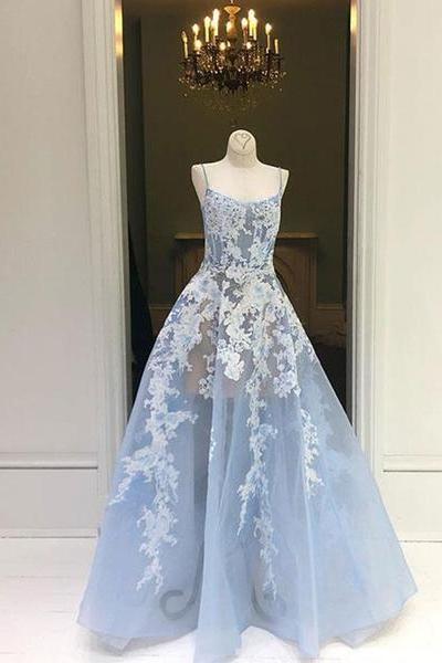 Gorgeous A Line Blue Prom Dresses Spaghetti Straps Evening Dresses Appliques