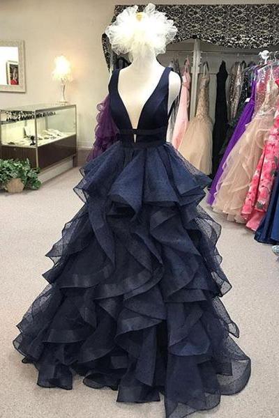 Navy Blue Prom Dresses Long Deep V Neck Evening Dresses With Ruffles