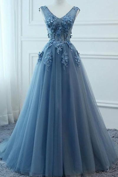 Blue Prom Dresses V Neck Appliques Open Back Evening Dresses With 3d Flowers