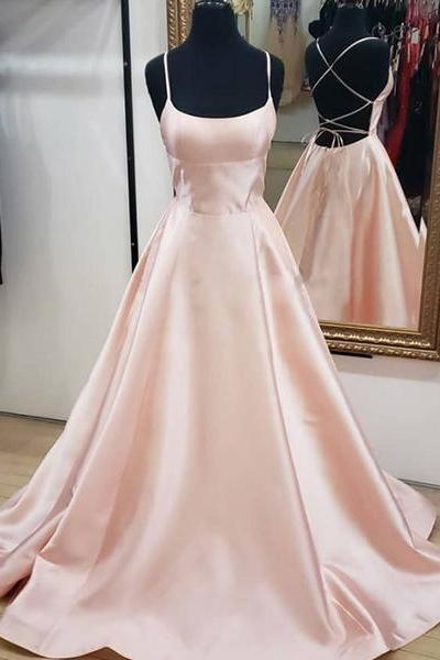 Simple Pink Long Prom Dresses Spaghetti Straps Cross Back A Line Satin Evening Dresses 2019