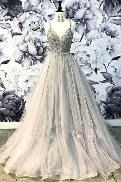 Gray Long Prom Dresses Spaghetti Straps Appliques Evening Party Dresses