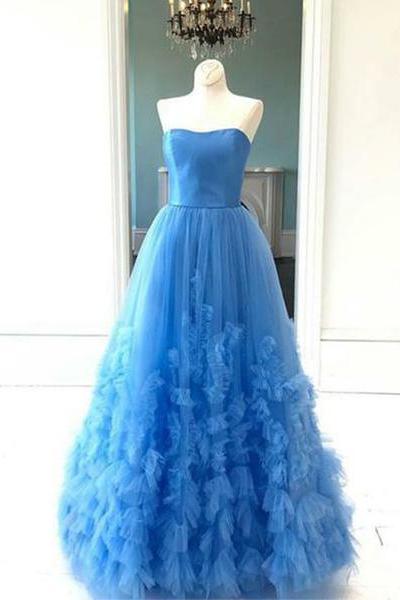 Blue Long Prom Dresses Strapless Appliques Evening Party Dresses Online Sale