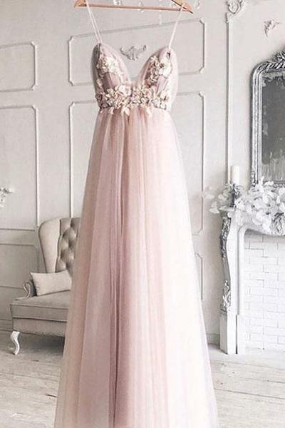 Pink Tulle Long Prom Dresses Spaghetti Straps Appliques Evening Dresses
