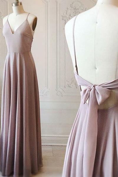 Simple Spaghetti Straps Pink Long Prom Dresses Backless Evening Dresses