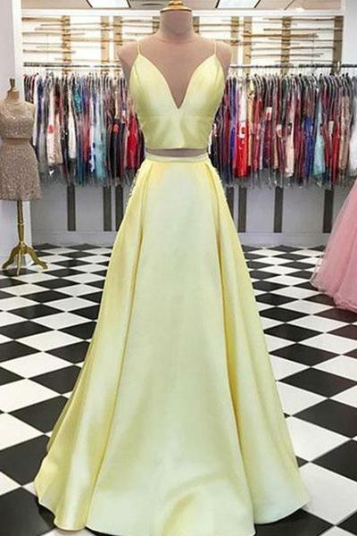 Two Piece Yellow Long Prom Dresses V Neck Evening Dresses for Women