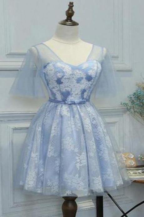 A-line Homecoming Dresses, Blue Homecoming Dresses, Light Blue Homecoming Dresses, V Neck Homecoming Dresses