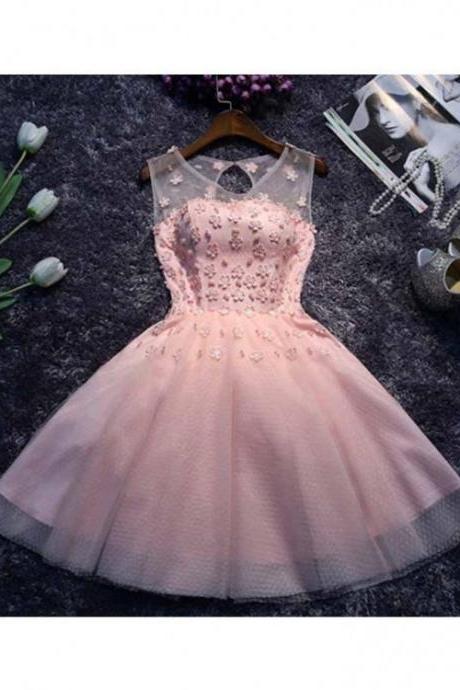 Sleeveless Homecoming Dress, Pink Homecoming Dress, Appliques Homecoming Dress, A-line Homecoming Dress