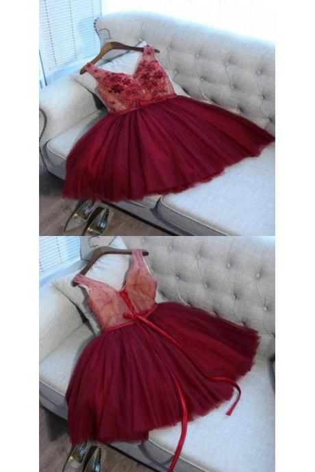 Homecoming Dress A-line, V-neck Homecoming Dress, Red Homecoming Dress