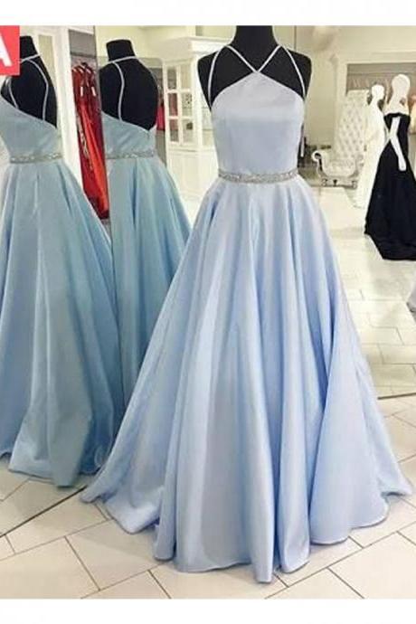 Charming A Line Halter Backless Light Blue Satin Long Prom Dresses with Beading, Formal Evening Dresses