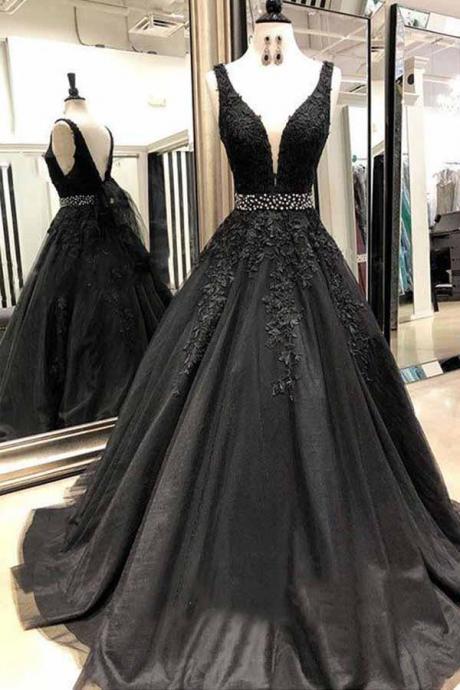 A-line V Neck Open Back Black Lace Long Prom Dresses With Beading