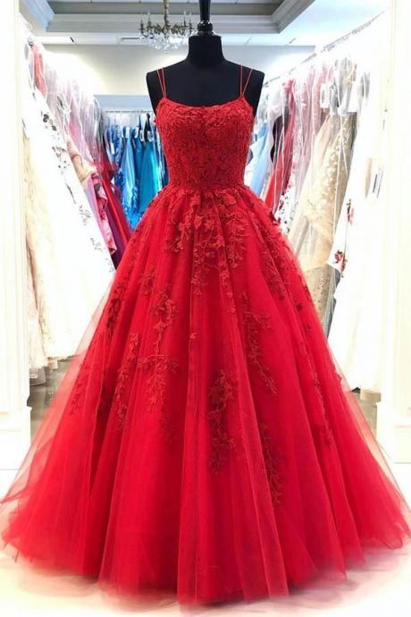 Red Spaghetti Straps Tulle Lace Appliques Evening Dress Long Prom Dress