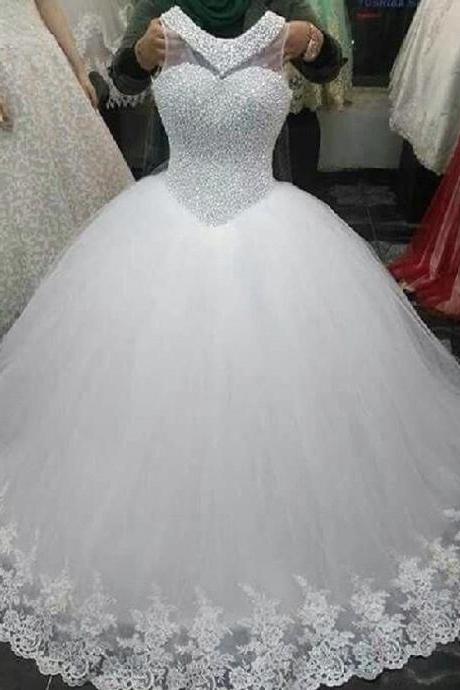 Luxury Crystal Beaded Princess Wedding Dress Sleeveless Lace Applique Wedding Gowns