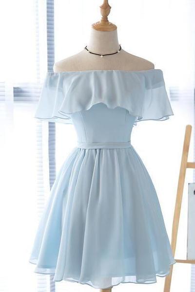 Cute Light Blue Off The Shoulder Short Prom Dresses Chiffon Homecoming Dresses