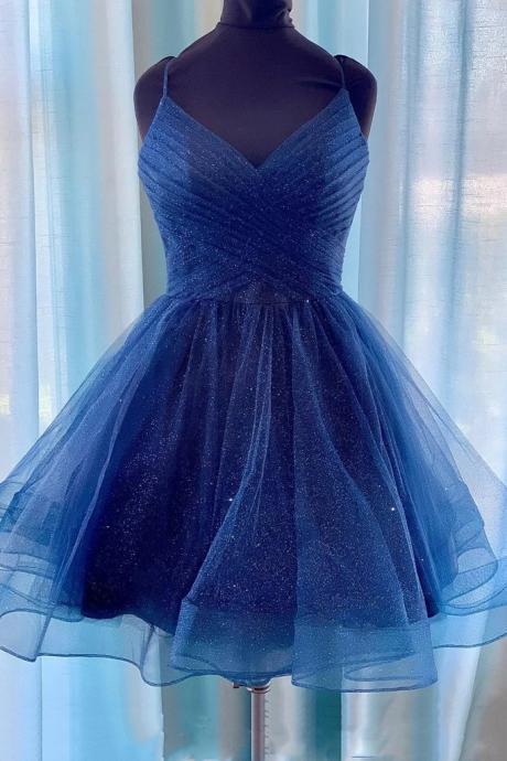 Sparkly A-line V-neck Short Prom Dress Navy Blue Homecoming Dress