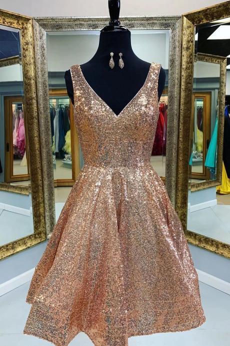 Sequins Short Prom Dress Gold A-line V-neck Homecoming Dress
