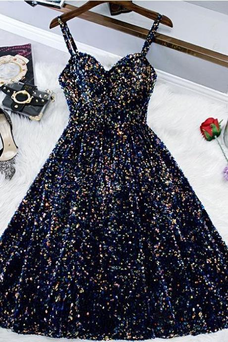 Glitter Spaghetti Straps Cute Short Prom Dresses Tight Tea Length Homecoming Dress