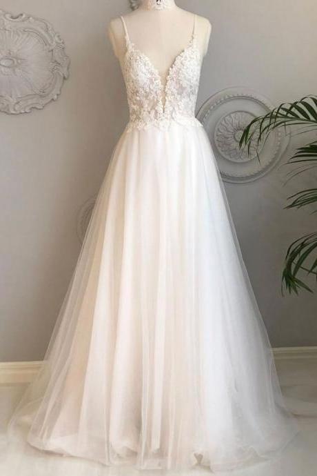 A Line Spaghetti Straps Beach Wedding Dresses Lace Wedding Gowns