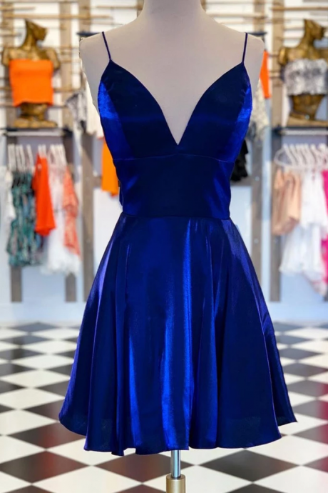 Royal Blue A-line Spaghetti Straps Short Prom Dress Simple Homecoming Dress