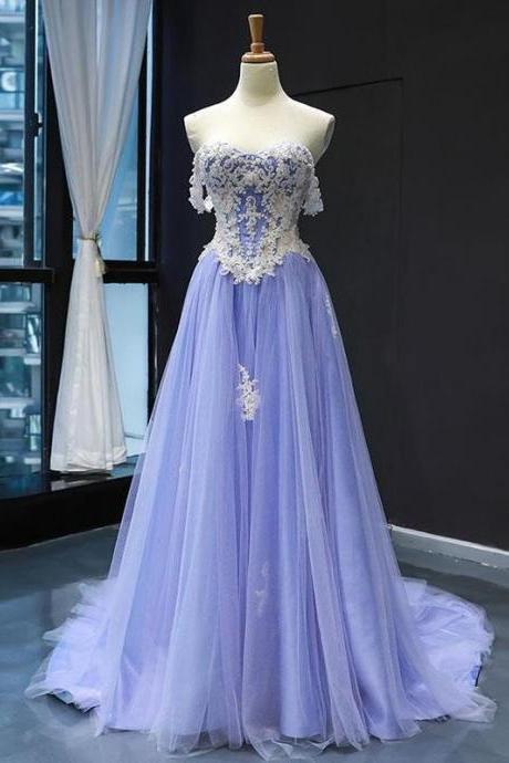A-line Applique Lace Long Prom Dress Blue Back Open Evening Dress