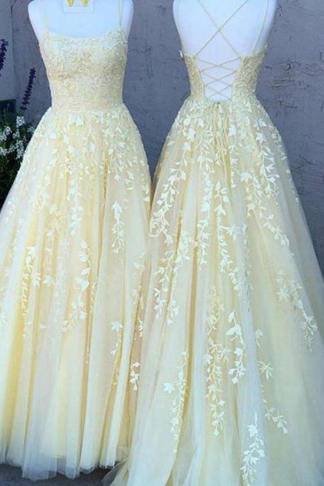 A-line Tulle Lace Long Prom Dress Back Open Evening Dress