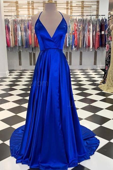 Simple Blue Satin Halter A-line Long Prom Dress With Slit