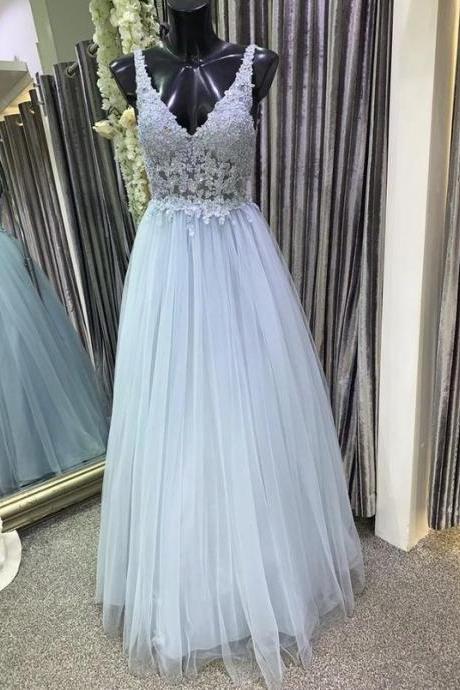 Light Blue v neck tulle long prom dress Lace Applique Floor Length evening dresses