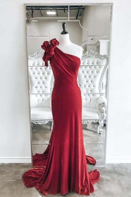Elegant Burgundy Velvet Long Mermaid Prom Dresses One Shoulder Crystal Illusion Back Evening Dress