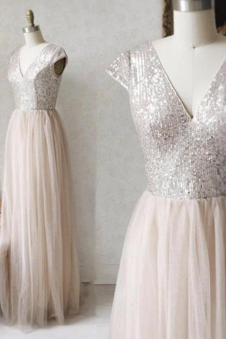 A Line V Neck Tulle Sequins Long Prom Dress Evening Dresses