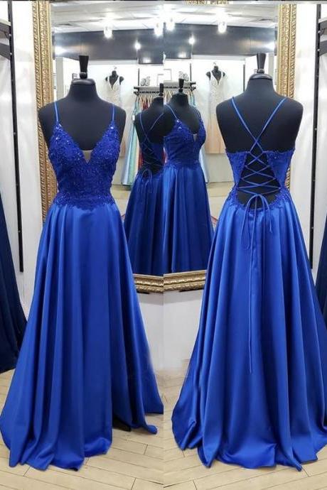 Royal Blue Spaghetti Straps Lace Applique A Line long prom dresses evening dress