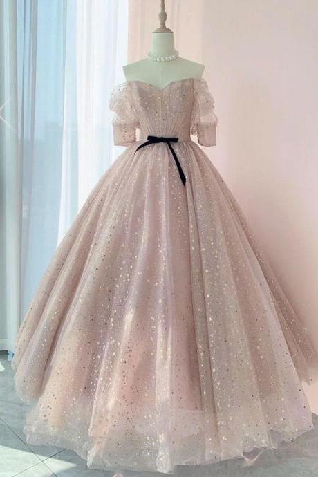 Champagne Pink Tulle Mid Sleeves Long Strapless Prom Dress,sweetheart Women Formal Evening Dresses