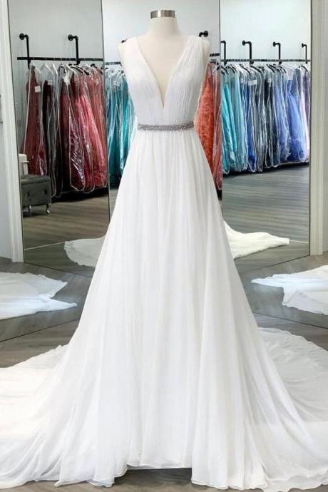 Simple White Chiffon V Neck Long Customize Prom Dresses,evening Dress With Beading