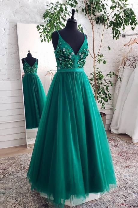 Green Tulle Prom Dress Long V-Neck Spaghetti Strap Appliques Tulle A-line Evening Prom Party Gowns