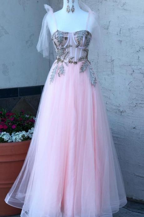 Pink Tulle Long Knot Spaghetti Strap Sequins Appliques Tulle A-line Women Prom Dress