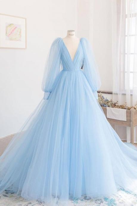 Blue Tulle Puff Long Sleeves Ball Gown Floor Length Women Prom Dress Evening Gowns