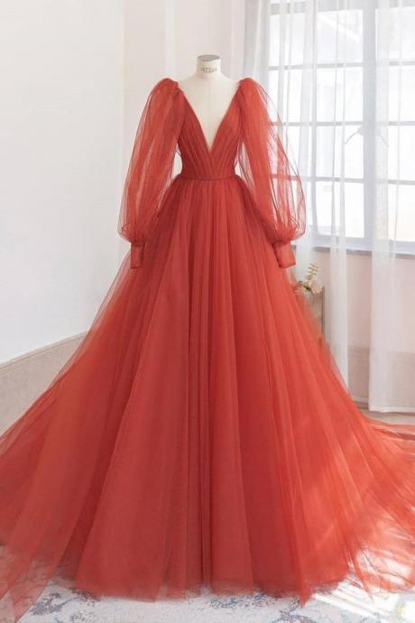 Pretty Pink Homecoming Dresses Deep V-neck Puff Long Sleeves Tulle Ball Gown Floor Length Women Prom Dress Evening Gowns