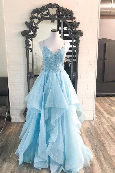 Blue Tulle Lace V-neck Spaghetti Strap Flower Lace Sparking Tulle Ruffles A-line Floor Length Women Prom Dress Party Dresses